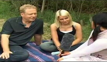 Outdoor threesome with two busty sluts