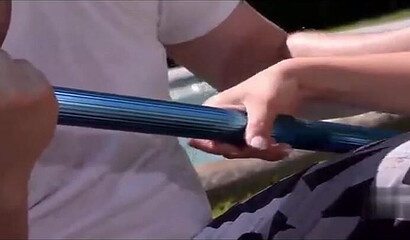 Redhead slut with big tits fucks in the pool