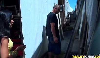 Brunette Latina with big tits fucks in the store