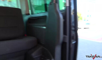 Slutty brunette with big tits gets tricked and fucked in a van