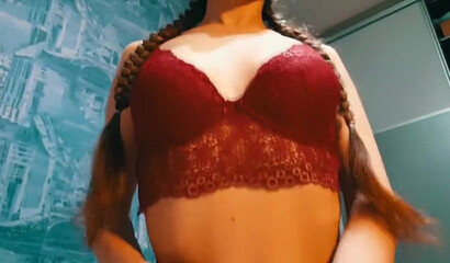 Sexy young sister strips her red undies and gives her cunt for slamming