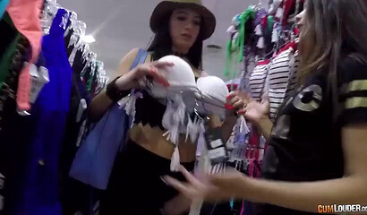 Brunette with big tits and ass gets nailed in the changing room