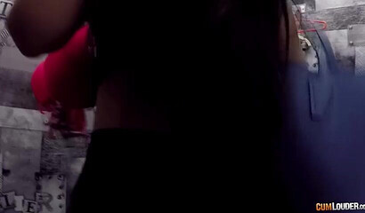 Brunette with big tits and ass gets nailed in the changing room