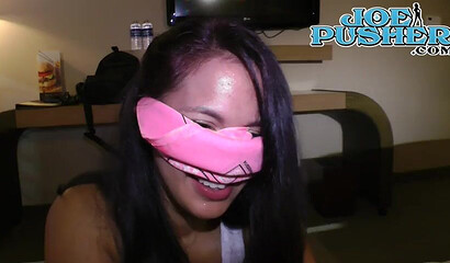 Blindfolded brunette Masked Ebony blows huge rod