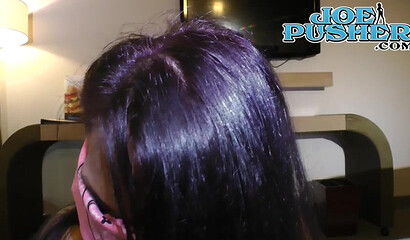 Blindfolded brunette Masked Ebony blows huge rod