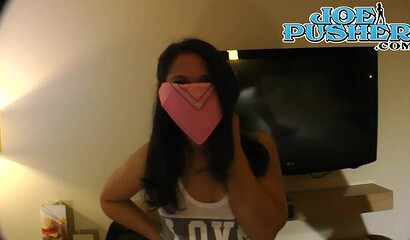 Blindfolded brunette Masked Ebony blows huge rod
