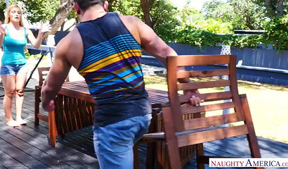 Blonde babe Sloan Harper seducing guy with hot lingerie to get his boner