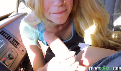 Adorable blonde slut Lyra Law sucks dick and takes it in her vagina POV