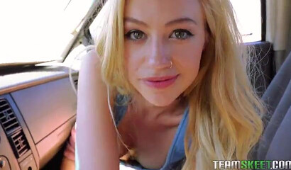 Adorable blonde slut Lyra Law sucks dick and takes it in her vagina POV