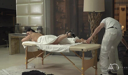 Brunette GF with huge knockers Aletta Ocean slammed on the massage table