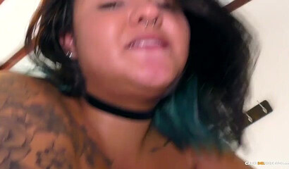 Fat horny slut with oiled body taking D in POV style