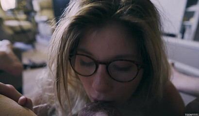 Nerdy blonde teen getting her twat destroyed by horny daddy