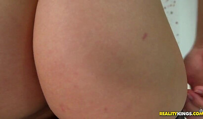 Brunette white girl Dani Daniels teases with her round ass and blows knob