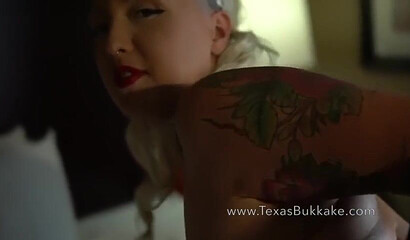 Blonde slut with glasses getting bukakke and she loves it