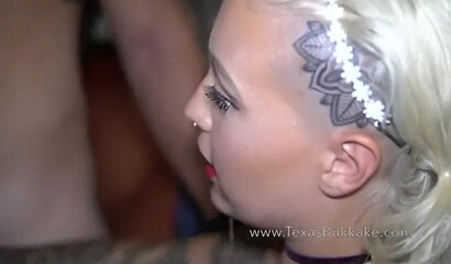 Blonde slut with glasses getting bukakke and she loves it