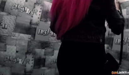 Slutty redhead with big tits getting banged in the public toilet