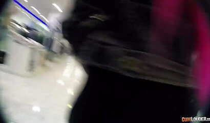 Slutty redhead with big tits getting banged in the public toilet