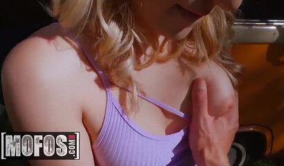 Blonde schoolgirl Oliver Flynn clapping her big sexy booty over a dick in a van