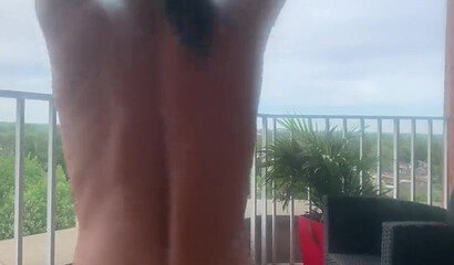 Smoking hot woman with big bosoms rides neighbor's dick on terrace