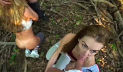 Two horny sluts Leolulu and Mia Bandini having fun with one dick in woods