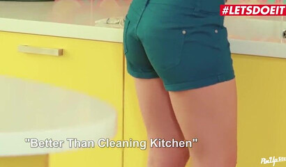 Brunette teen with small tits enjoys rough sex in the kitchen