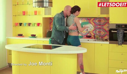 Brunette teen with small tits enjoys rough sex in the kitchen