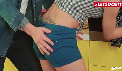 Brunette teen with small tits enjoys rough sex in the kitchen