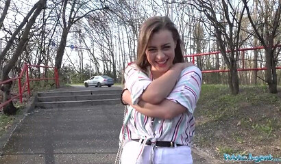 Brunette with massive jugs takes money for hardcore smacking outdoors