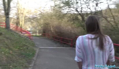Brunette with massive jugs takes money for hardcore smacking outdoors