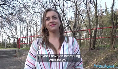 Brunette with massive jugs takes money for hardcore smacking outdoors