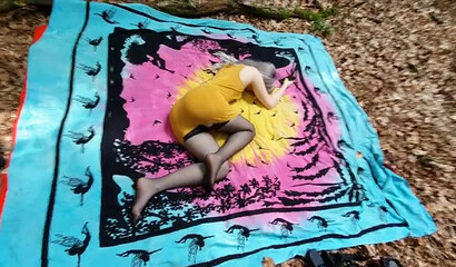 Blonde slut in nylon stockings getting her pussy destroyed in the woods POV