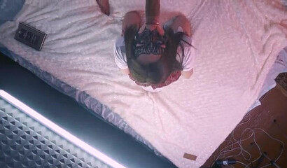 Masked brunette schoolgirl kneels and gives fellatio before gets her clam filled