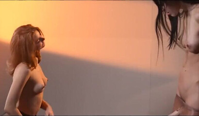 Brunette bitch in pantyhose getting slammed by her lesbian girl with strapon