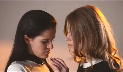 Brunette bitch in pantyhose getting slammed by her lesbian girl with strapon