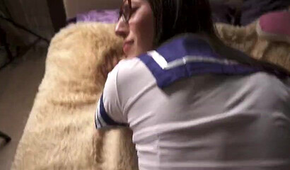 Brunette schoolgirl with nerdy look gets hard fucked in doggystyle