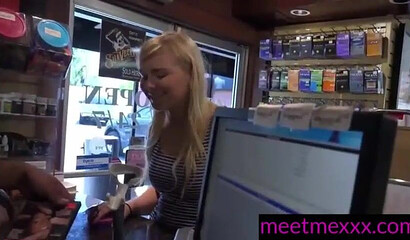 Chubby blonde Melissa May strips sucks gloryhole and takes that black dick from behind