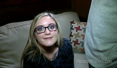 Blonde hoe with glasses exposes her chubby body fucks and gets creampied