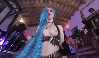 Blue haired cosplay girl Alessa Savage enjoys POV dick riding