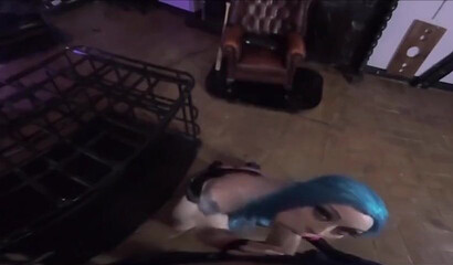 Blue haired cosplay girl Alessa Savage enjoys POV dick riding