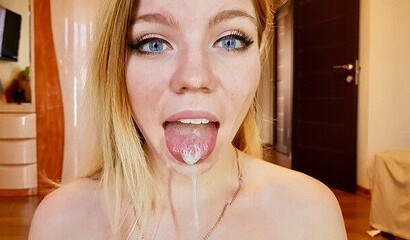 Sweet blonde girl with big tits sucking and riding thick dick