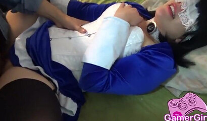 Blindfolded Asian slut in stockings gets fucked and creampied