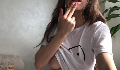 Naughty amateur brunette squeezing her big juicy boobs and masturbates