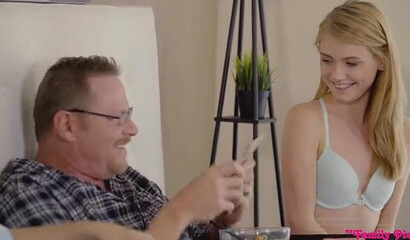 Blonde stepdaughter teasing and seducing her dad to suck his rod