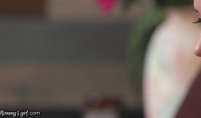 Busty lesbian cougar Crystal Rush fucks cute teen Avi Love in the kitchen