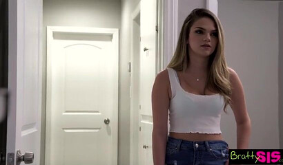 Horny teens Athena Faris and Chloe Cherry share stepbor's cock for a threesome