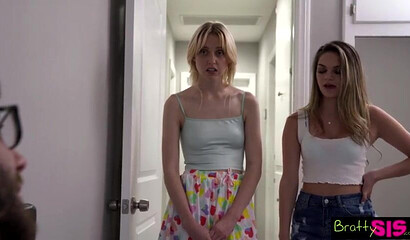 Horny teens Athena Faris and Chloe Cherry share stepbor's cock for a threesome