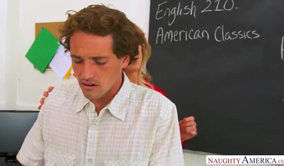 Horny blonde teacher Cherie Deville gets banged in the classroom by her student