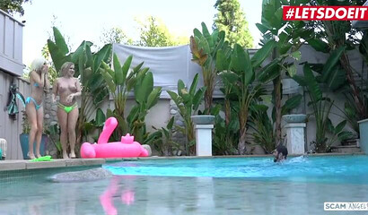Blonde teens Bailey Brooke and Kiara Cole having a threesome by the pool