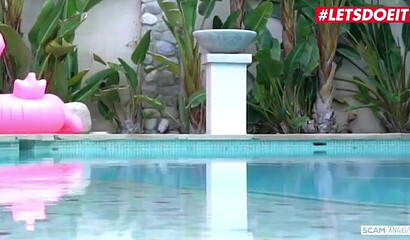 Blonde teens Bailey Brooke and Kiara Cole having a threesome by the pool