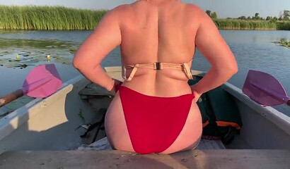 Curvy amateur with huge pierced tits fucks on the boat